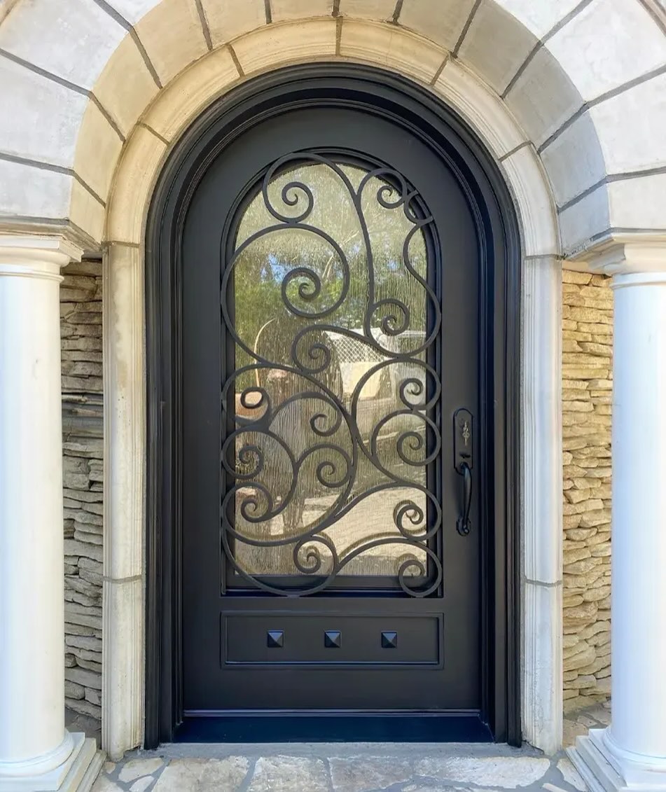Contemporary double entry doors with decorative glass